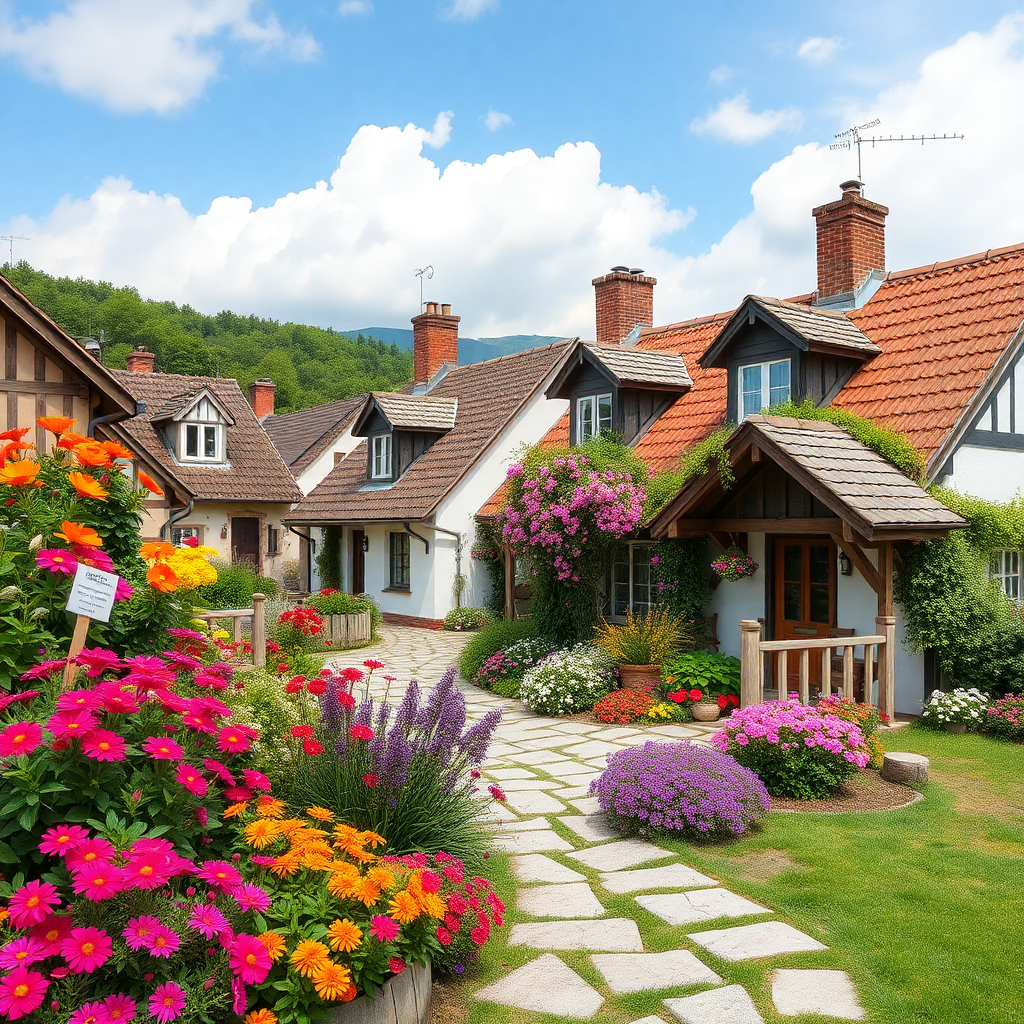 A picturesque small town with vibrant flowers and a cozy home