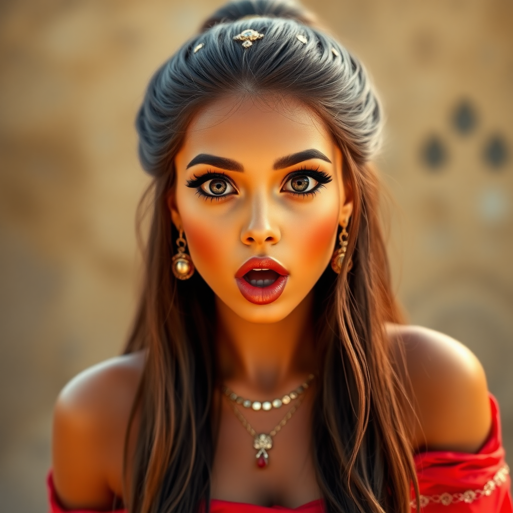 surprised Arabian girl with mouth open. She has very large eyes, black eyeshadow, black eyeliner, fake eyelashes, very tanned skin, very long hair. very high ponytail, princess jasmine, red off shoulder shinny crop top. photo realistic