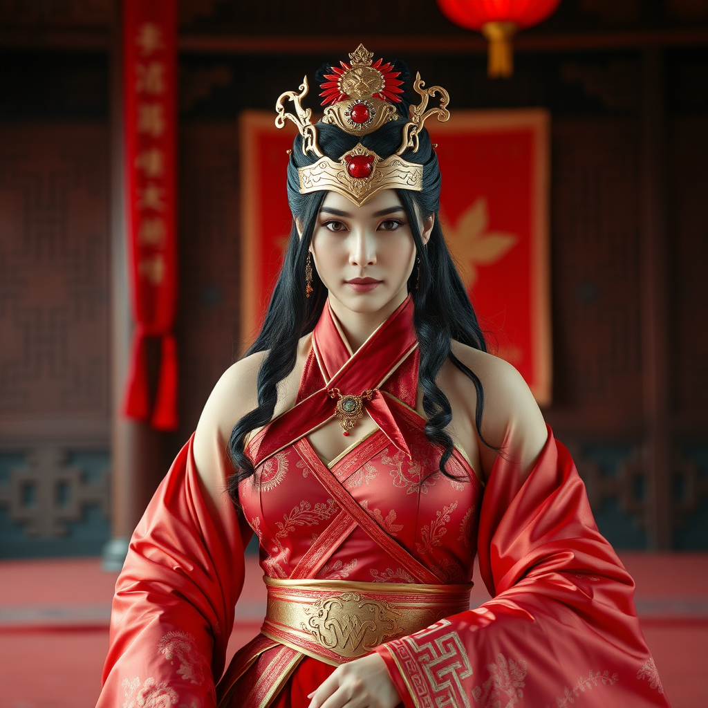 The Wonder Woman in Hanfu, the Chinese mythological figure Chang'e wearing JK costume, in the style of Lee Broom, color-field, carpetpunk, Jessica Drossin, light red, interior scenes, Camille Vivier, style raw