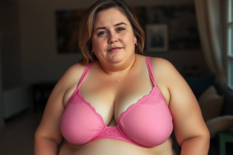 35 year old woman, fat face, pink lingerie