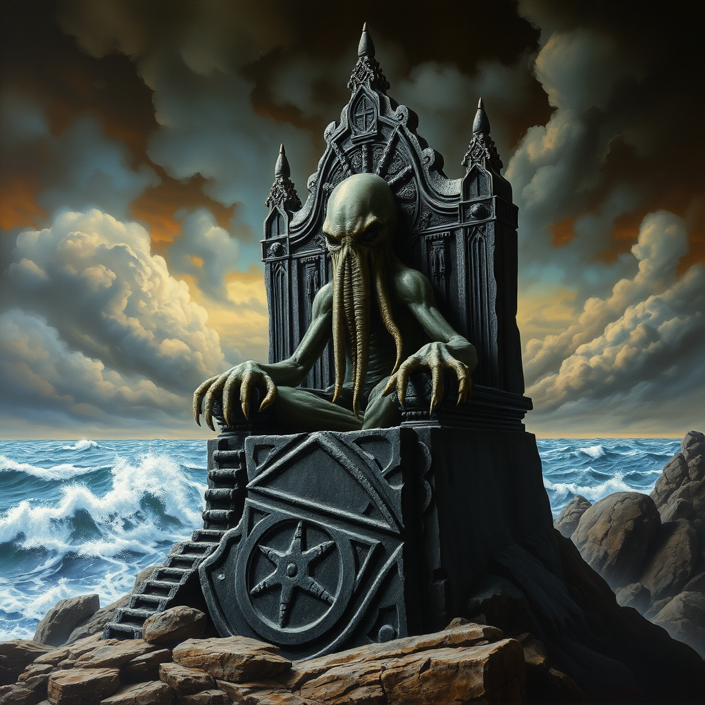 highly detailed HR Giger airbrush painting from the mid 1970's of Cthulhu sitting on a black basalt rock throne carved with occult symbols, in the background is a storm filled sky and raging ocean