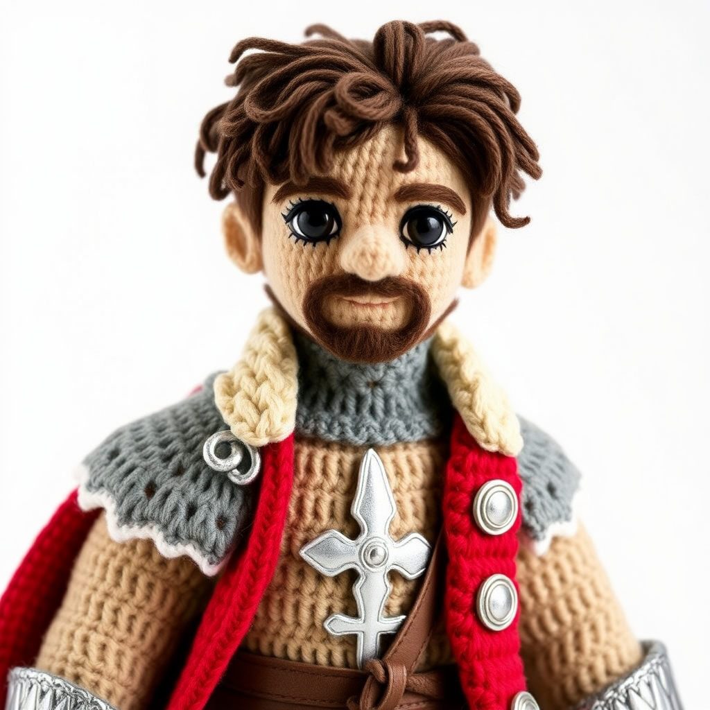 Amigurumi of a pretty original Victorian knight, man, beautiful clothes, detailed, amigurumi woolen, white background. Realistic, full body, young.