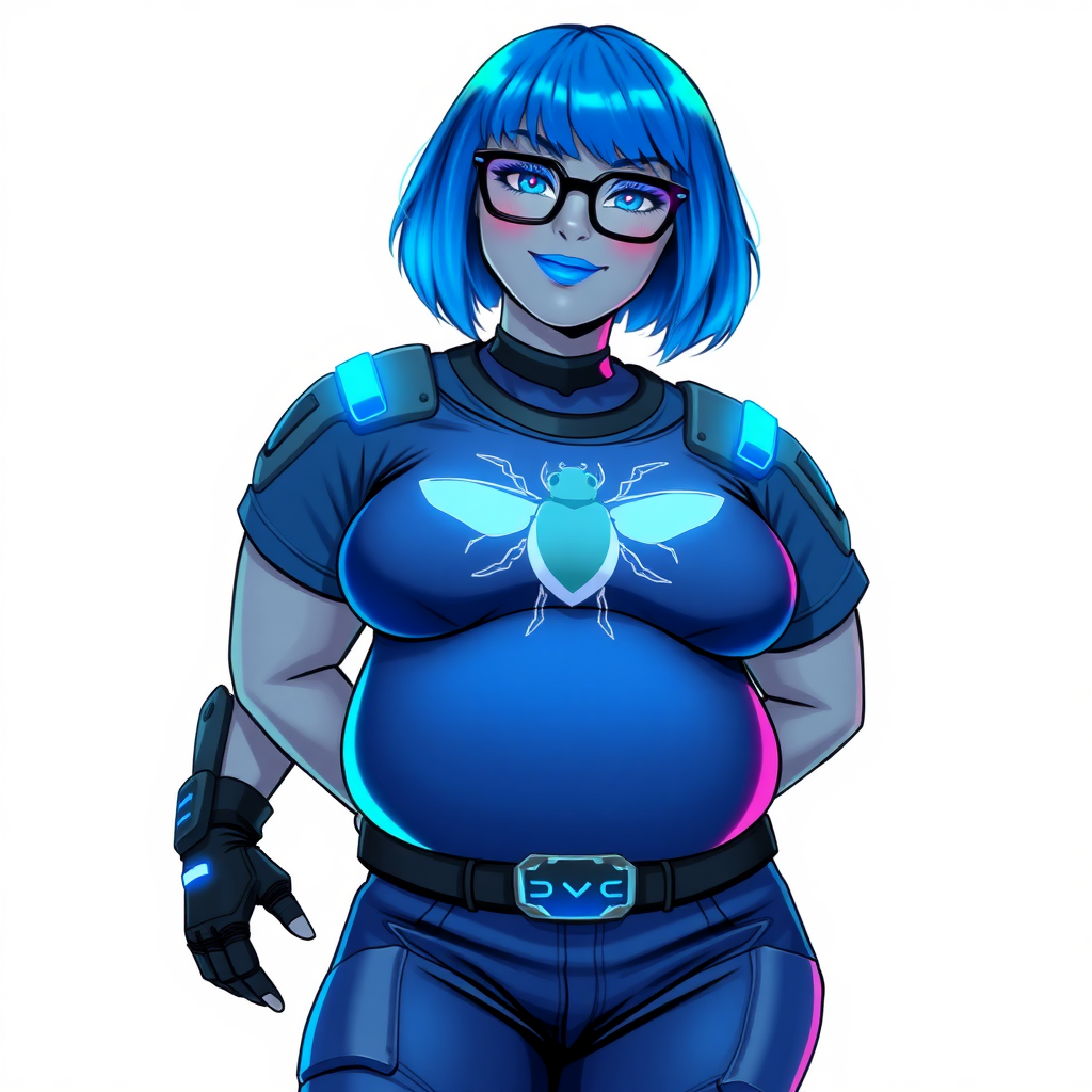 A 28-year-old, full-figured, middle gray-skinned computer program hybrid with a striking maximum blue bob cut. She has a non-athletic build, highlighted by a prominent, round, large midsection (with heavy emphasis on her belly) that showcases the results of her pampering. As the cherished digital sidekick to her cyberpunk vigilante boyfriend, her middle gray metallic skin and maximum blue lipstick emphasize her digital essence. She dons a digital, computerized costume featuring a large, tight-fitting, maximum blue t-shirt with a neon blue glowing beetle icon on the chest, hi-tech shoulder pads with neon blue accents, a black hi-tech belt with a digital neon blue glowing buckle, and digital maximum blue biker pants with neon blue accents. Her look is completed with black hi-tech fingerless biker gloves with neon blue glowing accents. Her neon blue glowing eyes, black eyeglasses with a neon blue glowing HUD built into the lenses, and a shy smile with neon red blush highlight her nerdy charm. She stands bashfully with her hands behind her back, her costume covering all her skin and emphasizing her full-figured physique, especially her belly. Despite her non-athletic build, she radiates beauty. Her slim face contrasts with her physique, accentuating her radiant beauty. She is depicted on a solid white background. She is drawn as if she were in a retro 2D cyberpunk fighting game.