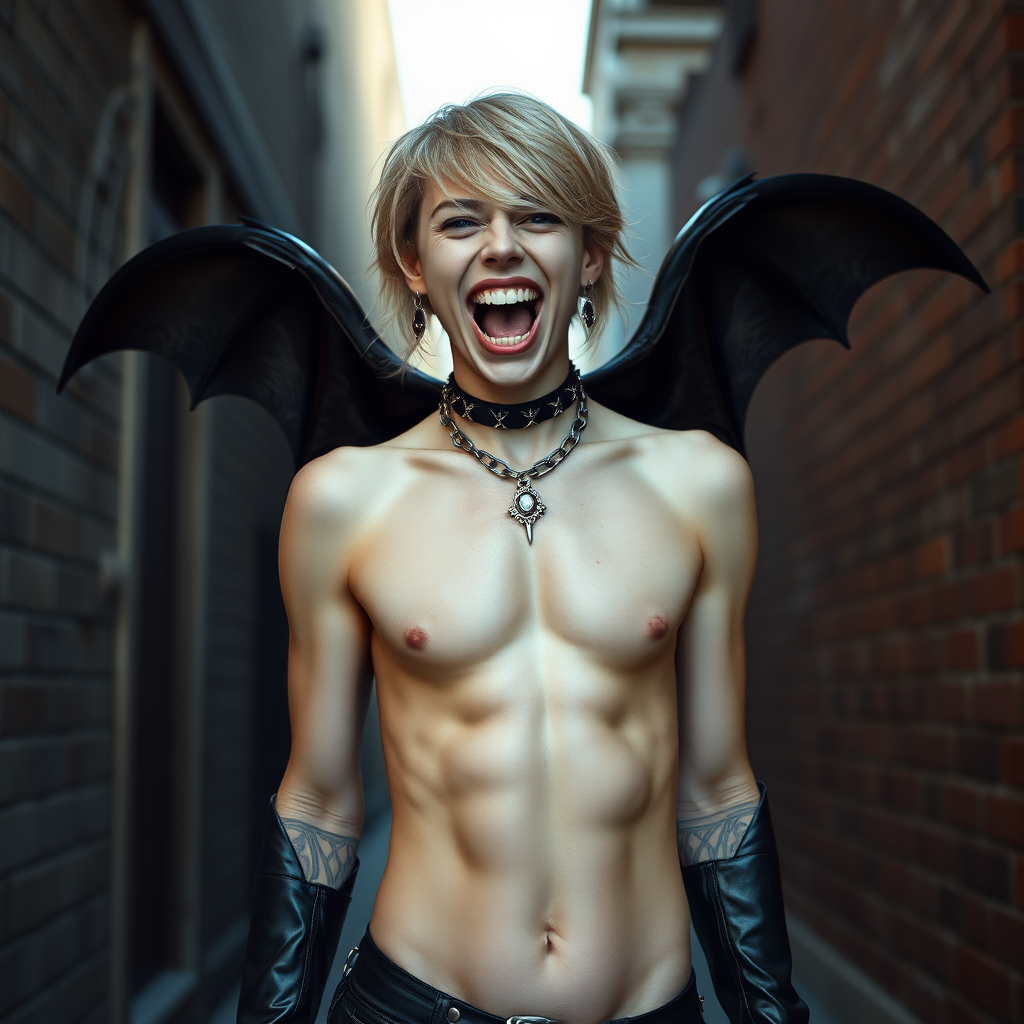 photorealistic, ultra high resolution, 16K, surreal fantasy, soft studio lighting, Tyler Swift is a pretty 18 year old goth male vampire, slim male physique, blonde hair, vampire long canine teeth, goth makeup, earrings, shiny black pantyhose, stiletto knee high boots, chest harness, spikey neck collar chain, in an alley during daytime, excited open mouth smile, vampiric fangs and bat wings showing, bulging crotch, facing the camera.