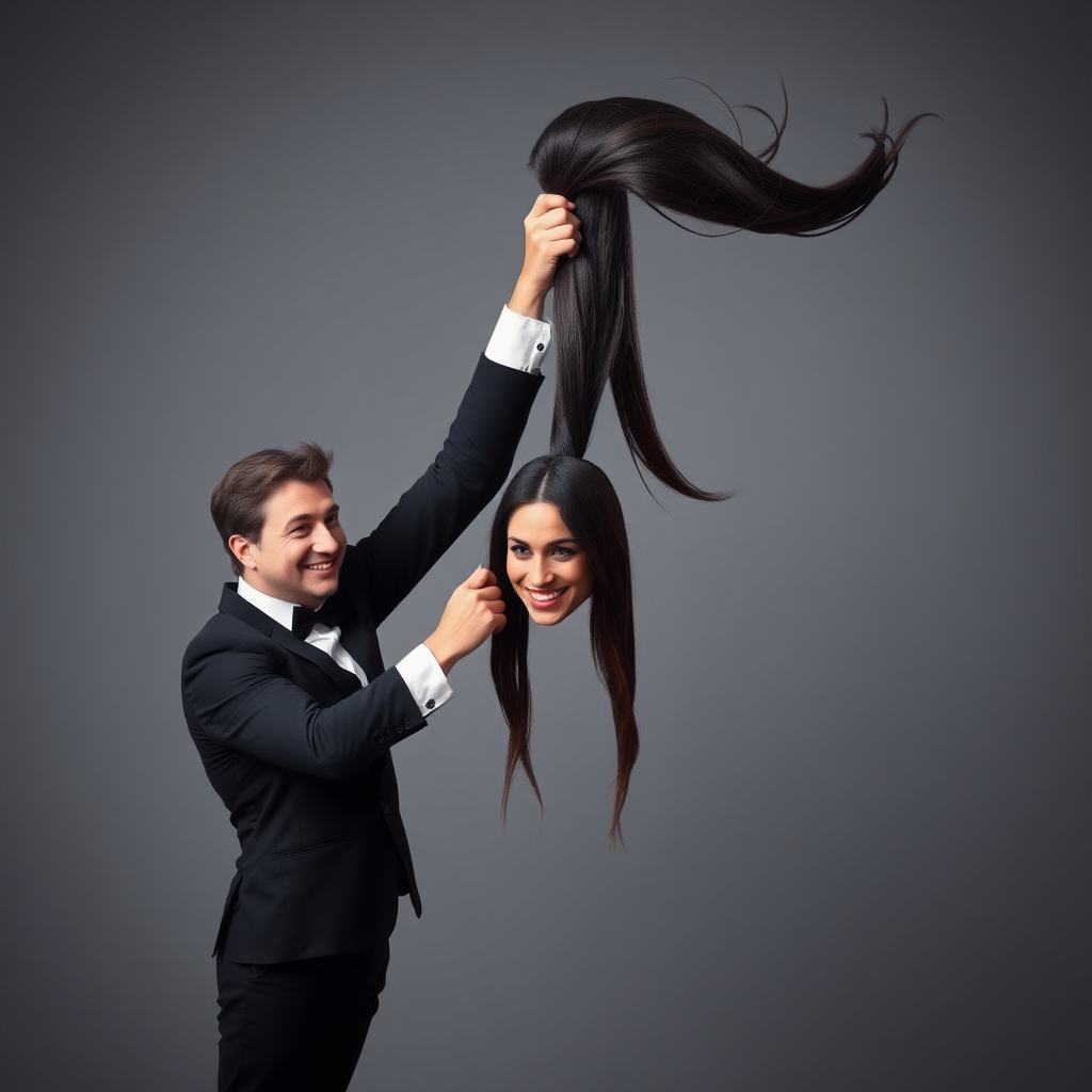 A surreal image of a smiling male magician standing to the side while holding up the disembodied head of a very long haired Meghan Markle by her hair to display it to the camera. He is grabbing her very long hair and pulling it up high in the air, while her head is hanging by her hair from his grasp. Plain gray background.