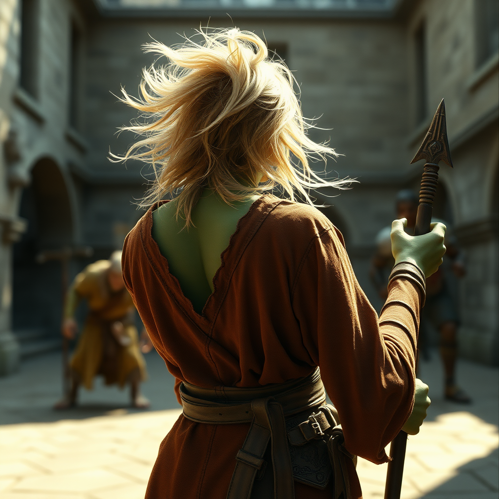 A full body shot from behind of a pretty twenty-something female orc wizard with a face resembling (Ana de Armas). Green skin. Casting a spell at a goblin warrior. Strawberry blonde messy shoulder length hair tussled by wind. Inside a courtyard. Hyper-realistic, photorealistic digital matte painting, soft focus, film grain, lens flare. Gritty, dirty, scuffed.