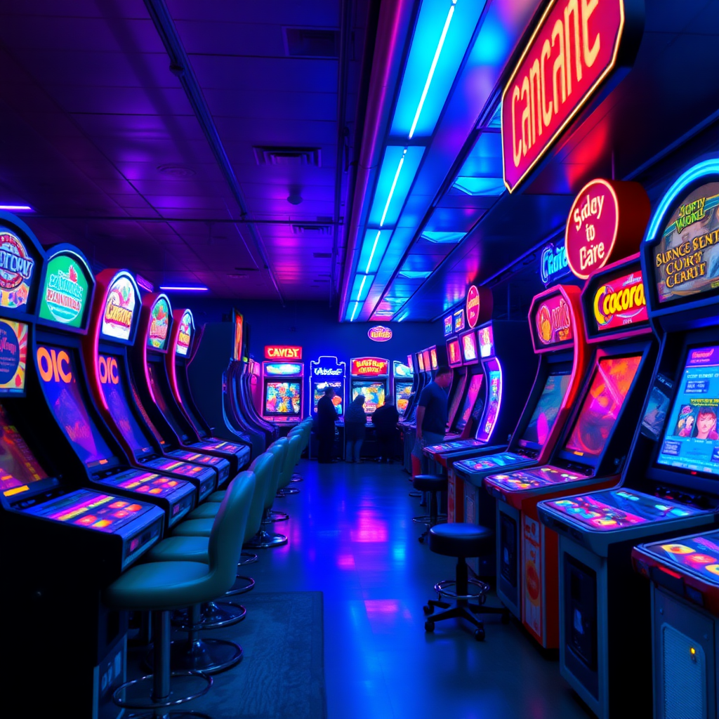 big a arcade, big and full with all kind of machines, dim purple and blue lights