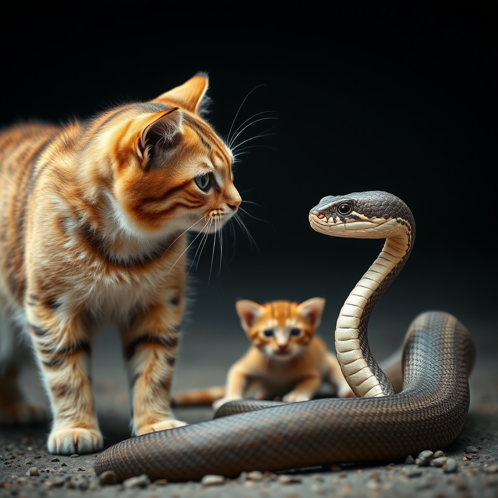 A mother cat and a snake are standing face to face, with a kitten hiding behind the mother cat. It's a wide-angle shot, taken from the side, in a realistic style.