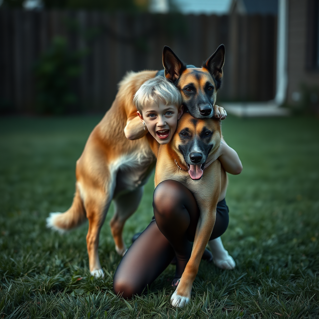 photorealistic, ultra high resolution, 16K, surreal fantasy, studio lighting, a pretty 16 year old goth male, slim male physique, short blonde hair, goth makeup, earrings, pantyhose, white ballet shoes, playing with his large dog in the yard - he is kneeling forward, while the dog stands up behind him and rests its paws on the boys shoulders, excited smile, facing the camera.