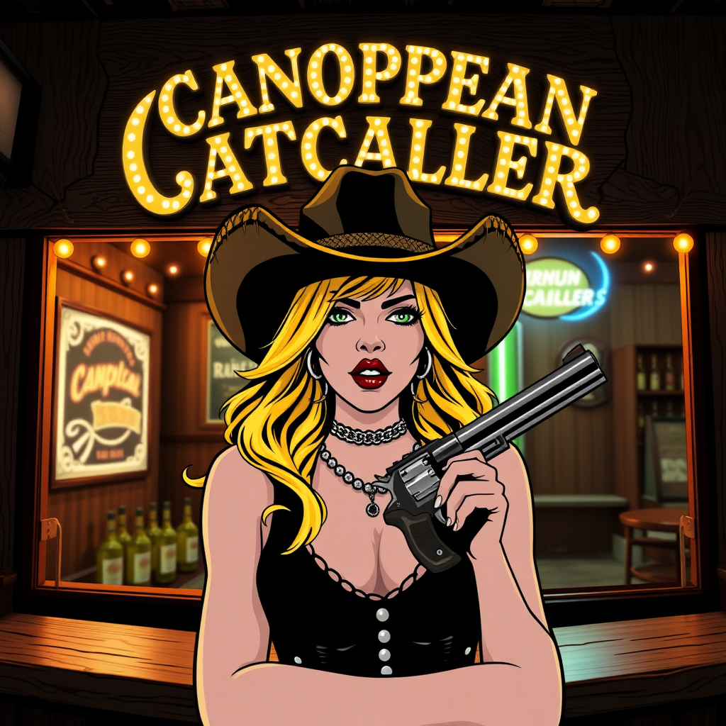 The front of a bar called "Canopean Catcaller" with a woman with a golden fang, cowboy hat, and a revolver