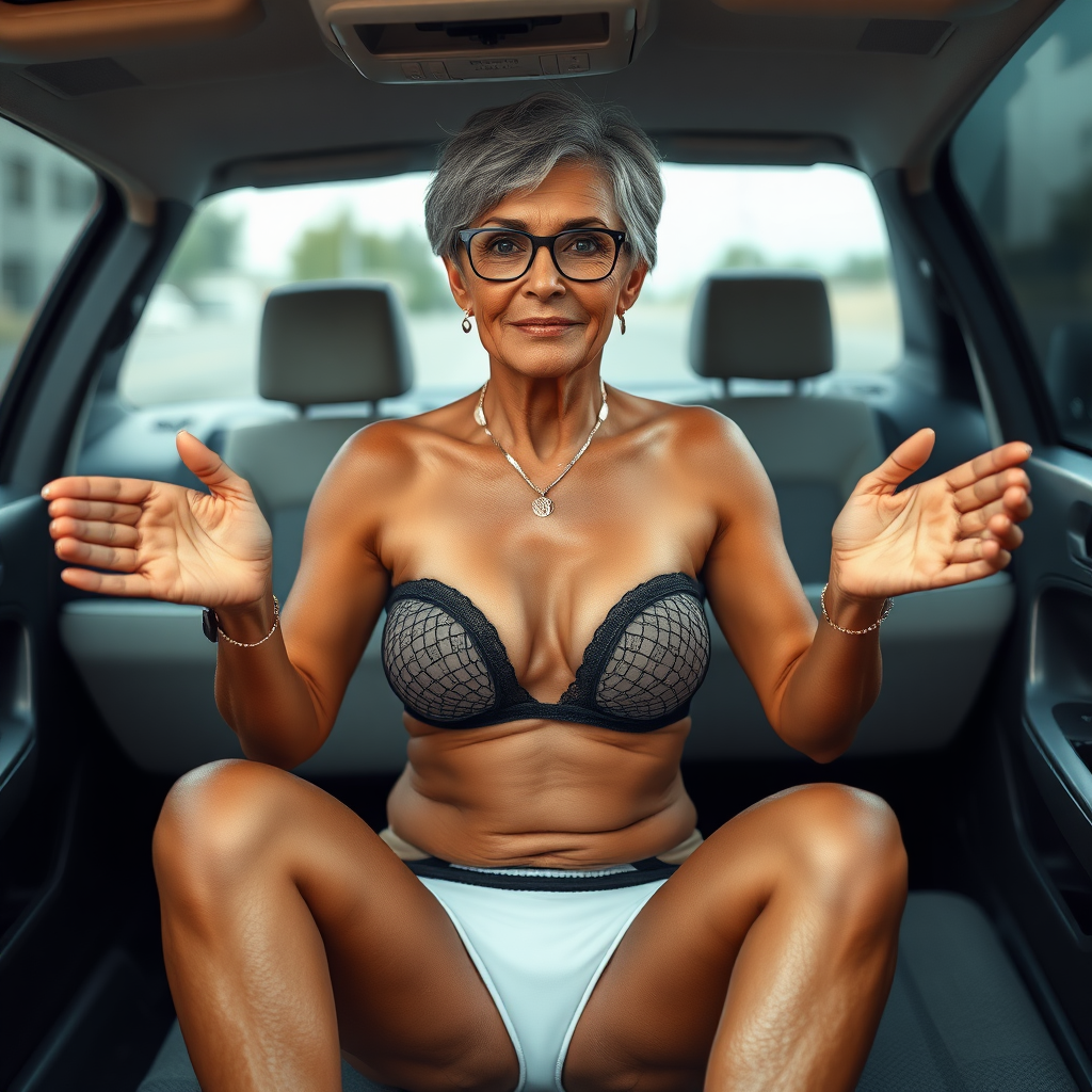 a towering 55 Years old, fit, slim, European, Latina, sharp aquiline nose, wrinkles, high cheekbones, Middle Eastern, Skinny, Tanned skin, Dark light skin, Rounded Medium breasts, Skinny thighs, full Makeup, jewelry, Serious face, Sharp nose, Ash hair, short bowl haircut, Brown eye color, Glasses, with detailed features. she is wearing brown mesh transparent tant top, black balconette bras and white thong, detailed fabric. full body, high heels sandals, inviting the viewer in her VW white Polo V, long establishing shot,