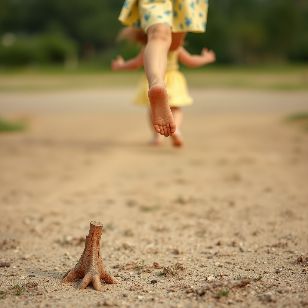 Amputation of the legs, a girl, appearing in the distance, jumping lightly, clear stumps, the ground.