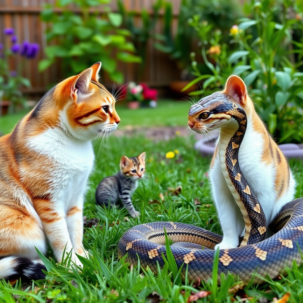 In the garden, a mother cat and a snake stand facing each other, while a kitten hides behind the mother cat. It's a panoramic view, taken from the side, in a realistic style.