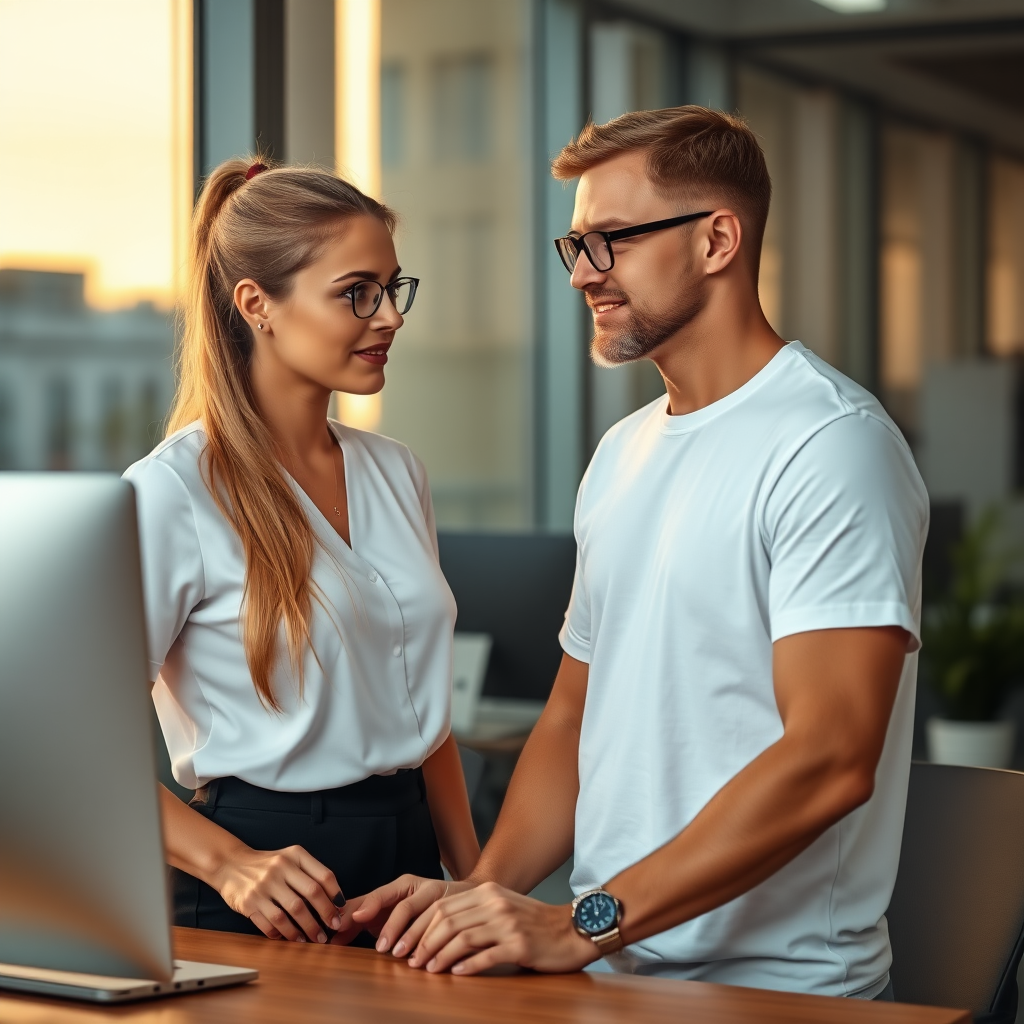 create images of an executive secretary with long, tied-back blonde hair, without glasses, guiding her supervisor dressed in a white t-shirt to have more efficient communication in a modern technology office, with a sunset in the background