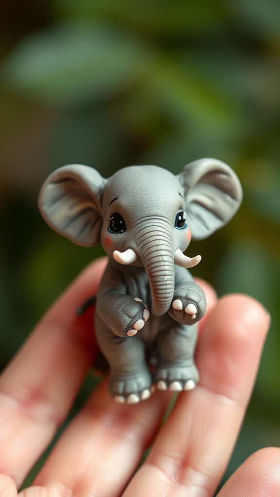 A cute tiny elephant miniature holding in two fingers.