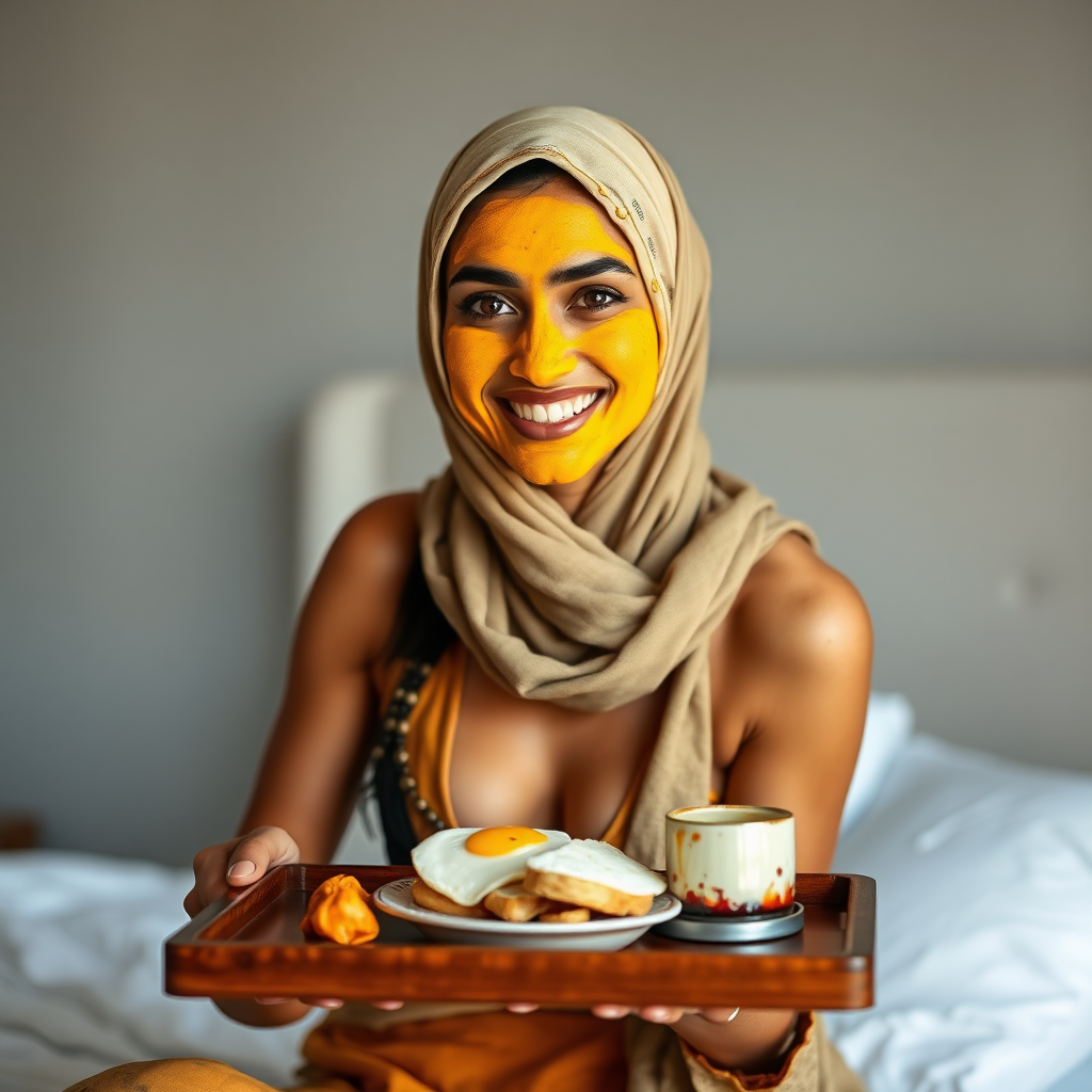 slim, 30 year old, sexy, indian wife, scarf head, turmeric face mask. She is smiling and serving breakfast on a tray on bedside table