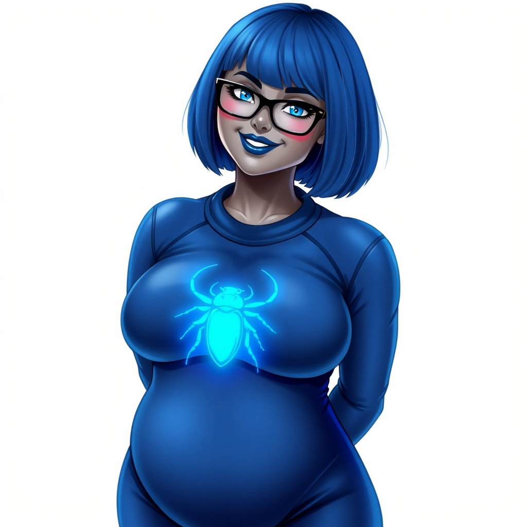 A 28-year-old, full-figured, middle gray metal skinned computer program-human hybrid with a maximum blue bob cut. She is the digital sidekick, computer hacker, and nerdy girlfriend of her cyberpunk vigilante boyfriend. Her middle gray metallic skin, distinct from any other character, highlights her digital nature. She wears maximum blue lipstick and has bright blue eyes. Her outfit includes an oversized, loose fitting, digital, maximum blue bodysuit (accentuating her non-athletic figure) with a neon blue glowing chest icon of a beetle on its chest and black gloves. Black eyeglasses accentuate her nerdiness, and she has a lovestruck smile with neon red blush. Her non-athletic full figure consists of a prominent, gargantuan, round midsection (with the full emphasis on her round gargantuan belly), gigantic limbs, and broad shoulders, reflects the doting care of her vigilante boyfriend. She has a bashful pose with her hands behind her back on a solid white background. She is drawn as if she was in a retro 2D cyberpunk fighting game. Ensure her bodysuit covers all her bare skin (especially her prominent round gargantuan belly). Her oversized bodysuit is influenced by Watchmen's Silk Spectre II but remains distinct. She is clearly non-athletic, with emphasis on her full-figured and pudgy physique.