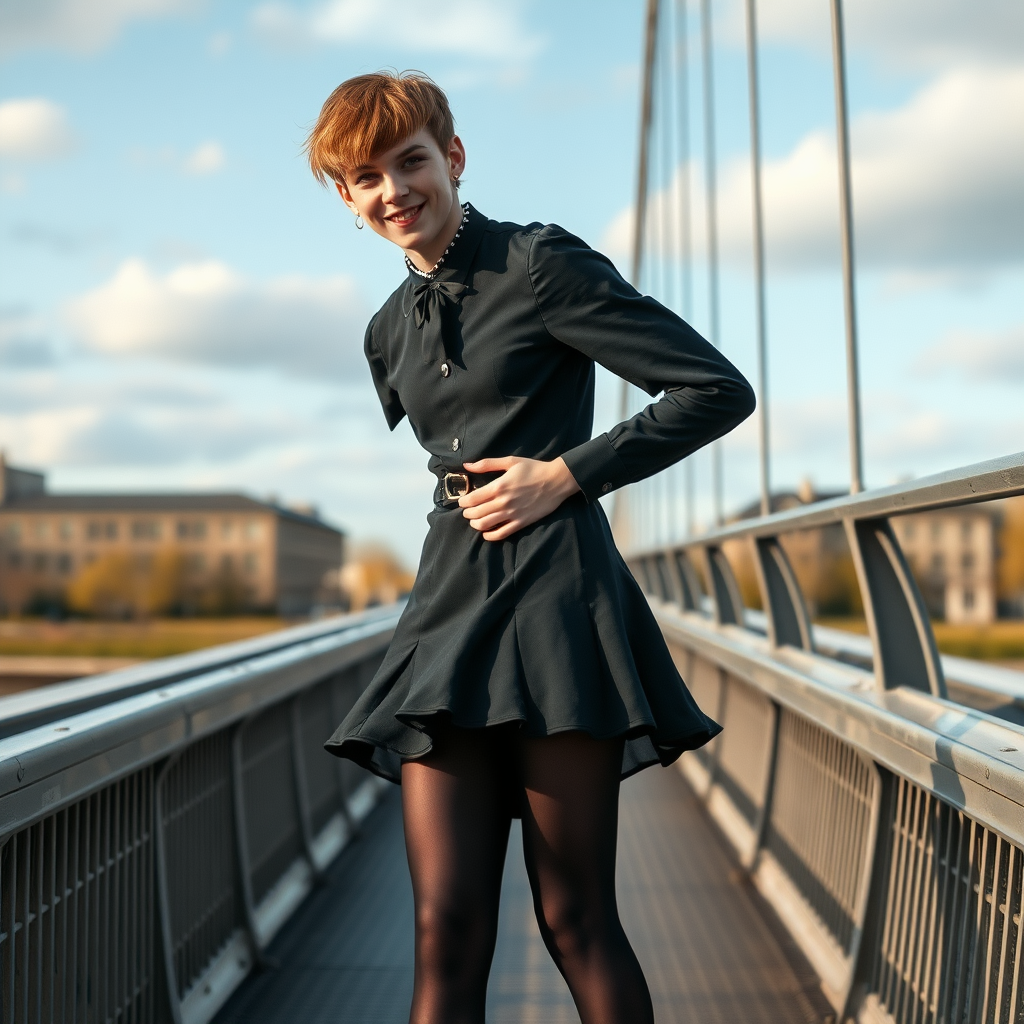 photorealistic, ultra high resolution, 16K, surreal fantasy, soft studio lighting, Tyler Swift is a pretty 18 year old goth male, slim male physique, auburn hair, goth makeup, earrings, shiny black pantyhose, UK girls-school uniform, Mary-Jane shoes, spikey neck collar, standing on a bridge, the wind has blown his dress up above waist level to expose his pantyhosed bottom, in daylight, excited smile, facing the camera.