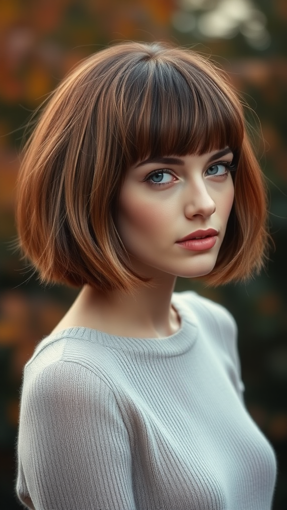 Beautiful model Anne Hathaway with a bowl cut hairstyle in various shades of color, with autumn chestnut foliage, in high definition.