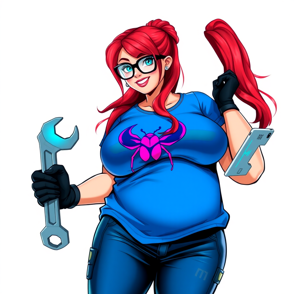 A 28-year-old, full-figured computer hacker and tech wiz girlfriend of a cyberpunk vigilante. Her long ruby-red ponytail, and striking, bright blue eyes make her stand out. Her wrecking ball-sized midsection, sequoia-sized limbs, and broad shoulders define her full figure, which has been heavily pampered by her doting boyfriend. Her nerdiness is blatantly obvious, and she serves as her boyfriend’s tech expert.

As the loyal and supportive sidekick, she plays a crucial role in their missions, using her digital and technological prowess to assist and protect. She wears an oversized maximum blue t-shirt adorned with a maximum turquoise beetle chest icon, black oversized eyeglasses, matching maximum blue biker pants, and black high-tech gloves. She beams with a neon red blush, holding a futuristic wrench and a digital holographic tablet. She is on a solid white background. She is drawn as if she was in a retro 2D cyberpunk fighting game. Her proportions are bloated to emphasize her figure.