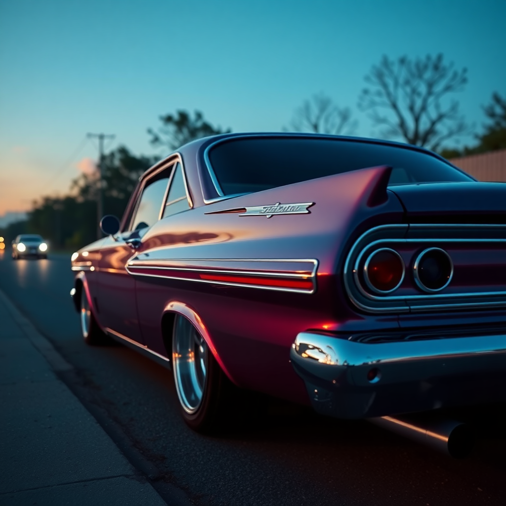 the car is parked on the side of the road, inspired by Taiyō Matsumoto, tumblr, restomod, nd4, c4 metallic shine classic american low rider car