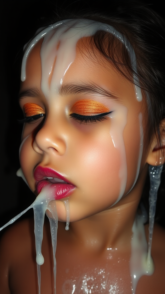 four-year-old-latina-female-child.  
She is wearing intense-orange-glitter-eyeshadow, thick-winged-eyeliner with very-dramatic-eyeliner-wings, and dark-burgundy-glossy-lipstick.  
Her face is covered with very thick random-angle streams of goopy, stringy, glistening, clear liquid with a white hue.  
The liquid is squirted onto her lips.  
She has her eyes closed.  
She appears to have received a facial.  
A stream of the liquid is flying horizontally towards her mouth.  
They dumped so much liquid on her face.  
Full-body-image, dark motel room at night, amateur flash photography, up-angle-shot, profile view.