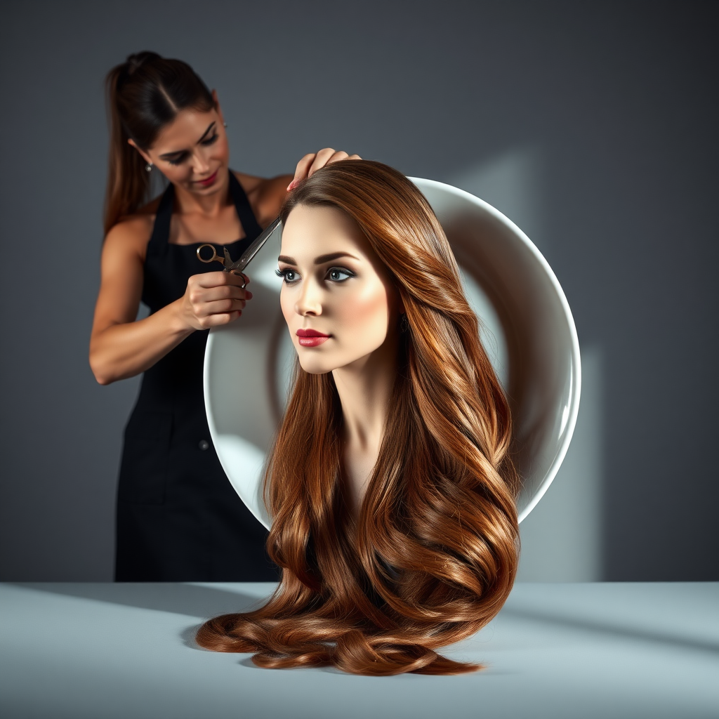 In a strikingly surreal scene, a beautifully crafted porcelain plate holds the disembodied head of a graceful Kate Middleton, her long, flowing hair cascading around like a luxurious waterfall of silky strands, shimmering in various shades of deep chestnut. Each hair seems to catch the light, creating an almost ethereal glow. Nearby, a meticulous hairdresser, dressed in a sleek black apron, carefully snips away at Kate's locks with precision scissors, their actions fluid and deliberate, emphasizing the delicate artistry of the moment.

The setting boasts minimalist decor, with a plain gray background that heightens the focus on this bizarre tableau. Soft shadows play across the smooth surface of the plate, enhancing the haunting beauty of Kate's serene expression, which conveys both elegance and an uncanny sense of stillness. The atmosphere is a blend of surreal calm and unsettling intrigue, pulling the viewer into a dreamlike space where reality and imagination intertwine. Gentle noises of scissors softly clipping away hair are the only sounds in this peculiar yet captivating scenario, heightening the tension and drawing viewers into this striking juxtaposition of beauty and the bizarre.