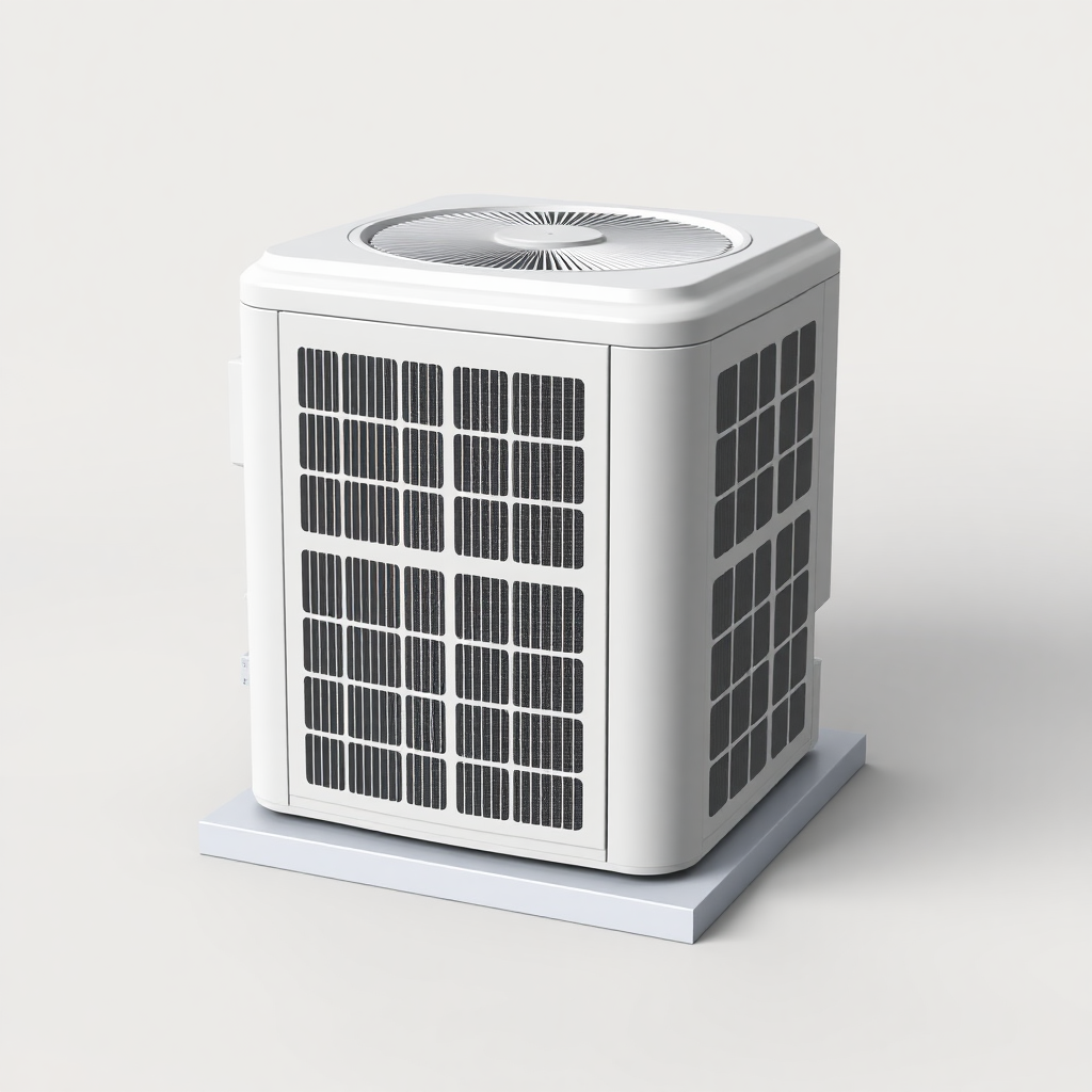 A simple, high-resolution, realistic 3D model of a standard residential outdoor air conditioning unit or condenser. The unit should be placed on a flat surface. The unit should be a neutral color. Plain, uncluttered background. No text.