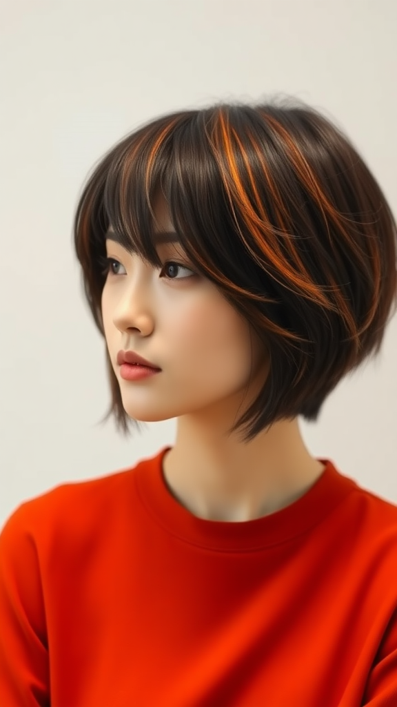 Liu Wen with short layered black hair with orange highlights, plain light background, in high definition