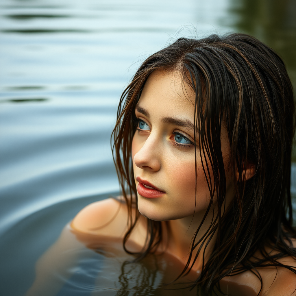 a young european woman just coming out of a lake. she has wet hair. photo