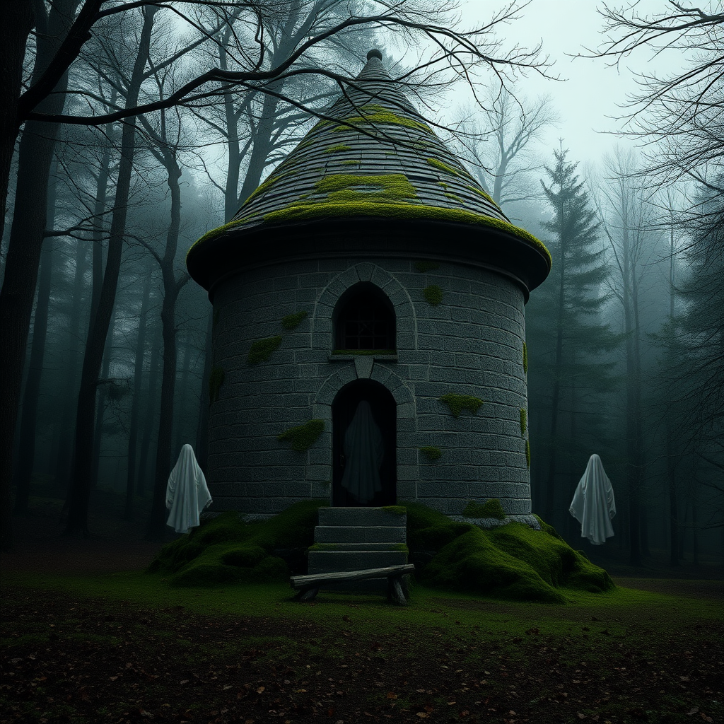 A photo realistic small, old and worn, round, moss covered medieval stone tower in a dark forest clearing with very faint ghost like forms around it