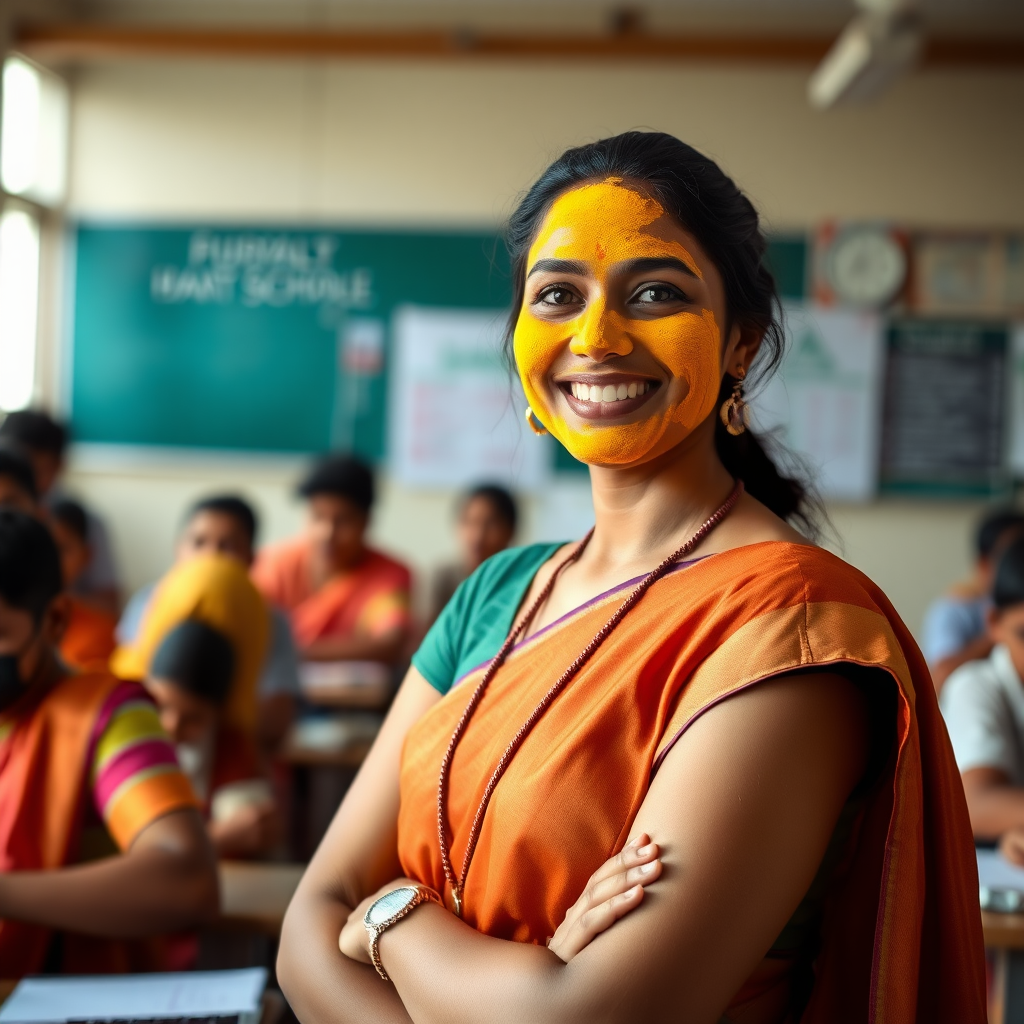 slim, 30 year old, sexy, indian female school teacher, saree, turmeric face mask. She is smiling and teaching students in a big classroom