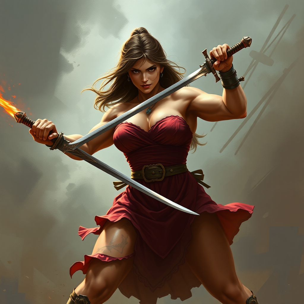 huge massive strong muscular bodybuilder girl, strapless dress, fighting with a sword