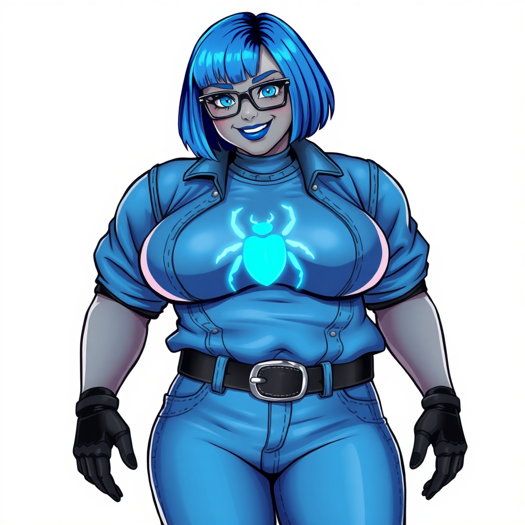 A 28-year-old, full-figured, middle gray metallic-skinned computer program-human hybrid with a maximum blue bob cut. She has a non-athletic build, highlighted by a prominent, round, large midsection. As a digital sidekick, computer hacker, and nerdy girlfriend to her cyberpunk vigilante boyfriend, her middle gray metallic skin and maximum blue lipstick emphasize her digital nature. She wears a costume consisting of a maximum blue leather shirt (that accentuates her figure) with a neon blue beetle chest icon, a black belt with a sapphire scarab buckle, maximum blue pants, and black gloves. Her bright blue eyes, black eyeglasses, and lovestruck smile with neon red blush accentuate her nerdiness. She stands bashfully with her hands behind her back, her costume covering all her skin. Her full-figured physique is fully emphasized and clearly not that of an athletic person. She is on a solid white background. She is drawn as if she was in a retro 2D cyberpunk fighting game.