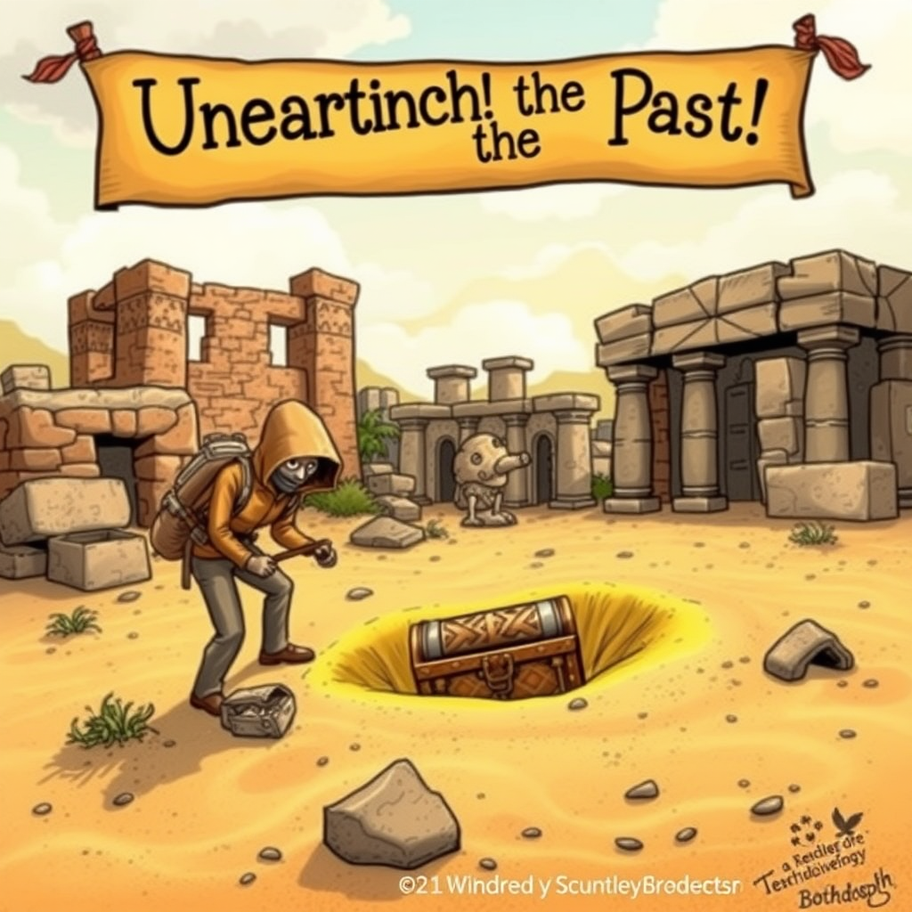 An imaginative scene depicting an archaeologist discovering a treasure chest buried in the sand, surrounded by ancient ruins, with a whimsical banner overhead reading, "Unearthing the Past!"