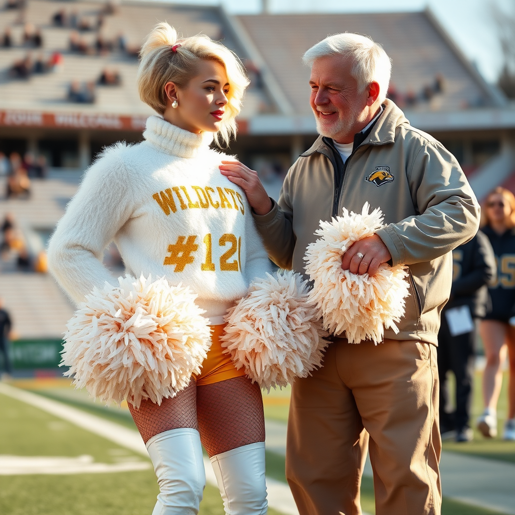 Sunny cold fall noon, college football stadium game, cheerleaders leader squat: Ana, European 17 years old very convincing femboy “QB’s trophy-bimbo”, tamed servile docile, very beautiful feminine flawless face, rather short boyish figure, platinum blond short tight curls, bold red lips, heavily made-up face, fluffy very fuzzy bright white plushy hazy thick angora turtleneck-sweater with “gold “WILDCATS” letters, vinyl gold short shorts, mesh pantyhose, white vinyl thigh-high boots with golden heels, large gold-white pompoms, pearl earrings, standing, shoulders slightly arched back, presenting her assets, talking with Hank: older tall overweight male visitor’s coach, wearing college football coach outfit, triumphant smile, nimbly patting Ana.