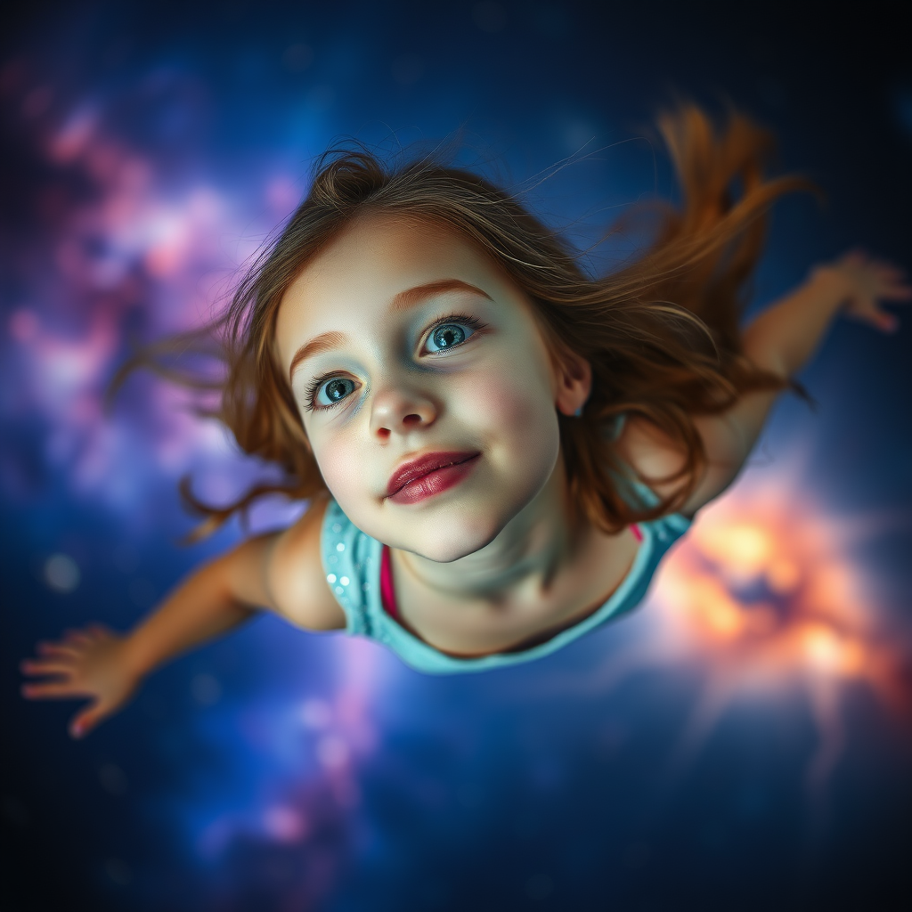 preteen girl floating in space, Low Key Lighting, dreamscape, nebula, Bokeh, abstract, brilliant colors, glittering, translucent, iridescent, natural skin, glowing, artistic photo, wide angle, cute, interesting, microscopy, airy, original, experimental, refraction