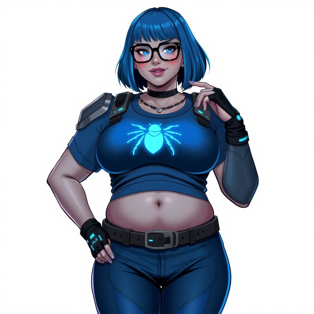 A 28-year-old, full-figured, middle gray skinned computer program hybrid with a maximum blue bob cut. She has a non-athletic build, highlighted by a prominent, round, large midsection (with emphasis on her belly), which shows the aftermath of her pampering. As the heavily pampered digital sidekick to her cyberpunk vigilante boyfriend, her middle gray metallic skin and maximum blue lipstick emphasize her digital nature. She wears a digital, computerized costume inspired by DC’s Carrie Kelly Robin, consisting of a huge, tight-fitting, maximum blue t-shirt with a neon blue glowing chest icon of a beetle, hi-tech shoulder pads with neon blue accents, a black hi-tech belt with a digital neon blue glowing buckle, digital maximum blue biker pants with neon blue accents, and black hi-tech fingerless biker gloves with neon blue glowing accents. Her neon blue glowing eyes, black eyeglasses with a neon blue glowing HUD built into the lenses, and shy smile with neon red blush accentuate her nerdiness. She stands bashfully with one hand behind her back and the other hand gently touching her cheek, her costume covering all her skin and emphasizing her full-figured physique (especially her belly). She is clearly non-athletic, with a focus on her full-figured physique. Despite her build, she radiates beauty. She has a slim face compared to her physique, accentuating her radiant beauty. She is on a solid white background. She is drawn as if she were in a retro 2D cyberpunk fighting game.