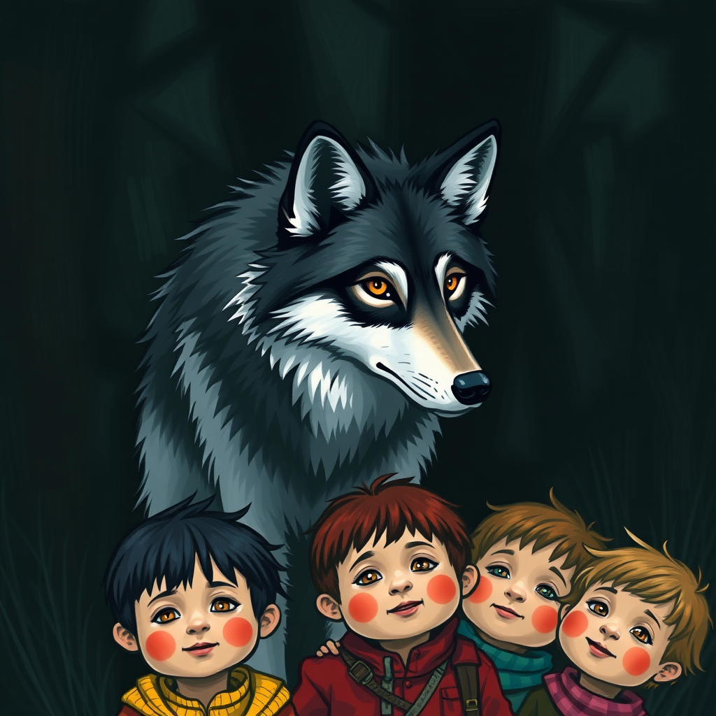 A black, white, and red wolf watches over children.