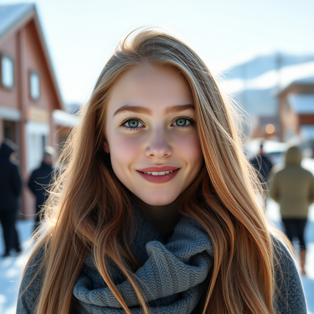 beautiful happy young woman with cherry blonde long hair, full lips, perfect eyebrows, pale skin, on Alaska during winter in Anchorage on sunny snow day