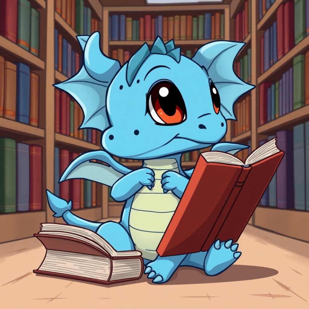 A cartoon bored blue small dragon with two legs, two arms, black eyes with red pupils and wings in a library reading from a large book that is sitting on the ground beside him.