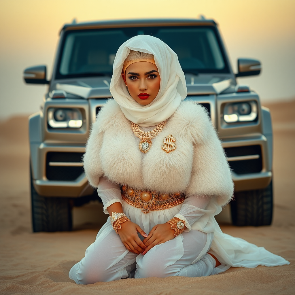 Kuwait desert dunes misty dawn, full size luxury SUV: Melissa, European 17 years old very convincing femboy “trophy-bimbo”, tamed servile docile, very beautiful feminine flawless face, rather short, by hormones very curvaceous womanly figured, platinum blond short tight curls, bold red lips, heavily made-up face, wearing Supertanya-style fluffy very fuzzy bright white angora turtleneck-poncho cropped ending under bust decorated with pearls and gemstones, striking oriental wide gold bridal protection belt, white fully transparent harem pants, full Oriental bridal jewelry, face covered by white sheer full Burka, coin anklets, striking diamond “$$$” letter brooch on left chest, pout frustrated, hands tied behind back, kneeling in sand in front of SUV, looking at camera. Focus on face and turtleneck-poncho.