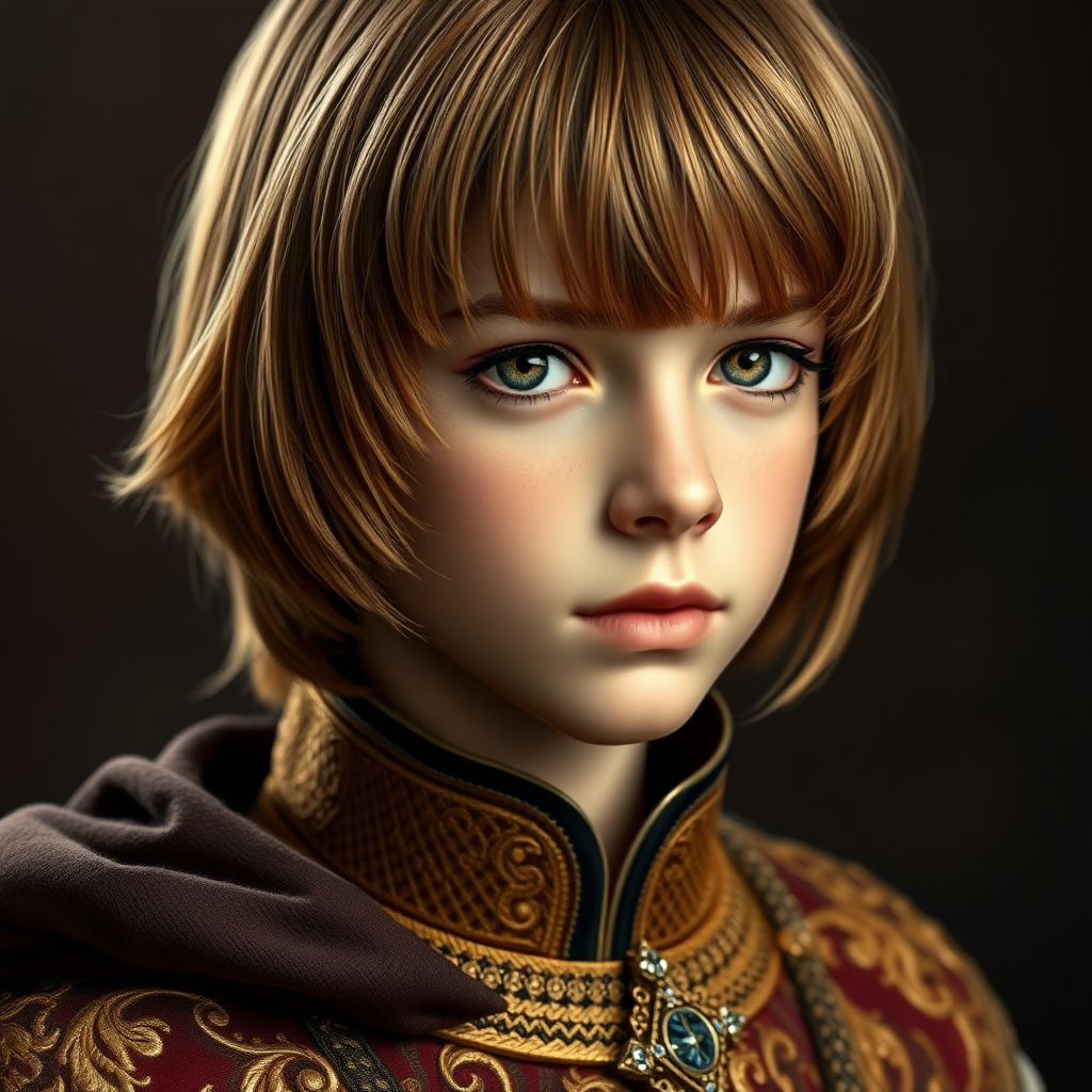 16yo teen boy prince, long bob cut, embroidered with gold and diamonds medieval cloths. photorealistic, ultra high resolution, 16K,