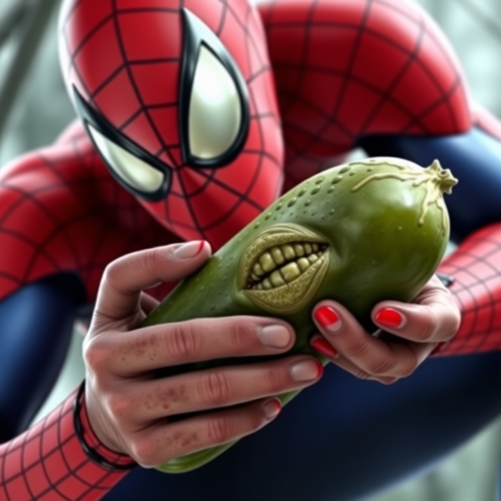 Spider-Man holding a pickle that looks like Nicolas Cage as a swamp creature.