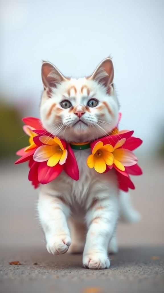 A little chubby big yes pink nose white cat walking okay on two paws wearing a real colorful flower costume doing a ramp walk.