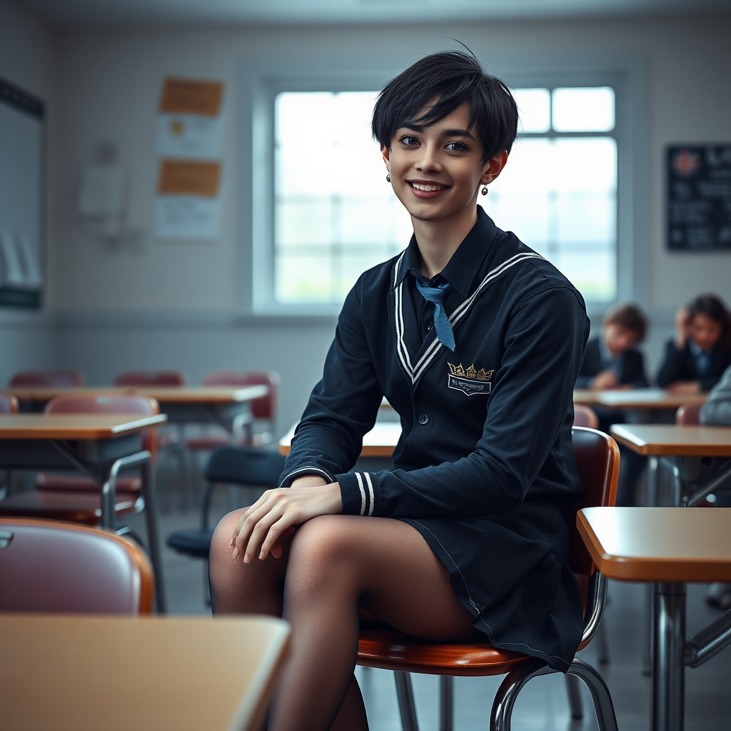 photorealistic, ultra high resolution, 16K, surreal fantasy, soft studio lighting, a pretty 16 year old goth male, slim male physique, short dark hair, blue eyes, goth makeup, earrings, sheer pantyhose, UK girls-school uniform, Mary-Jane shoes, sitting in the classroom, excited smile, facing the camera.