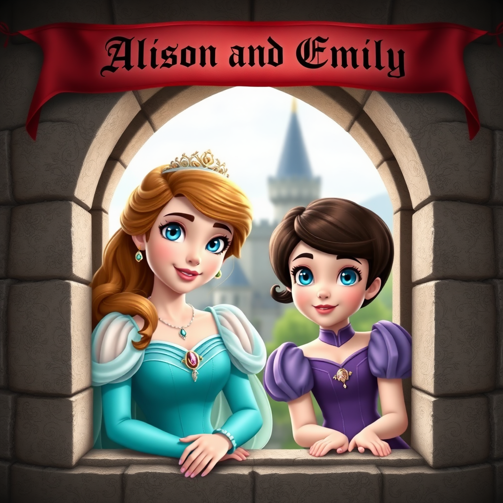 Two photo realistic princesses, one with light brown hair, blue eyes and aqua colored dress and the other with short brunette hair, blue eyes and purple dress peeking out the window of a castle with a medieval banner overhead saying "Allison and Emily"