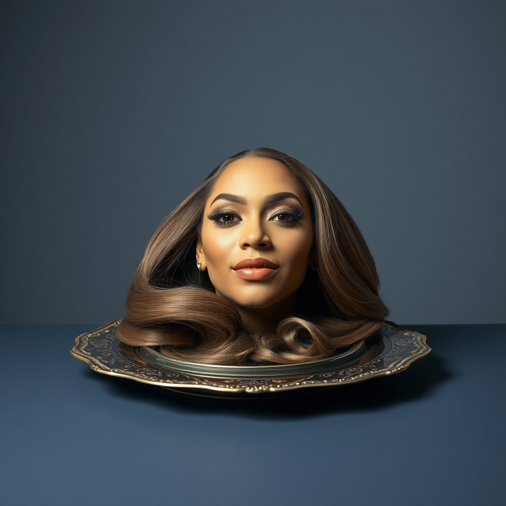 In a surreal and striking scene, the elegantly styled disembodied head of a stunningly beautiful Beyoncé rests gracefully on an ornate, luxurious plate, which is carefully placed on a simple, understated table. Her very long, flowing hair cascades like a rich waterfall of silky, rich brown locks, framing her exquisite face and accentuating her radiant, flawlessly glowing skin. The delicate contours of her chin rest lightly against the polished surface of the plate, lending an unexpected intimacy to the bizarre presentation.

The background is a muted, plain gray, casting an air of modern minimalism that contrasts dramatically with the lavishness of her appearance. Soft shadows play across her features, highlighting the subtle high cheekbones and perfectly shaped lips, which seem poised for a soft smile. The atmosphere feels both elegant and eerie, inviting intrigue and contemplation as viewers are drawn into this surreal artistic tableau, where beauty and the absurd collide in unexpected harmony.