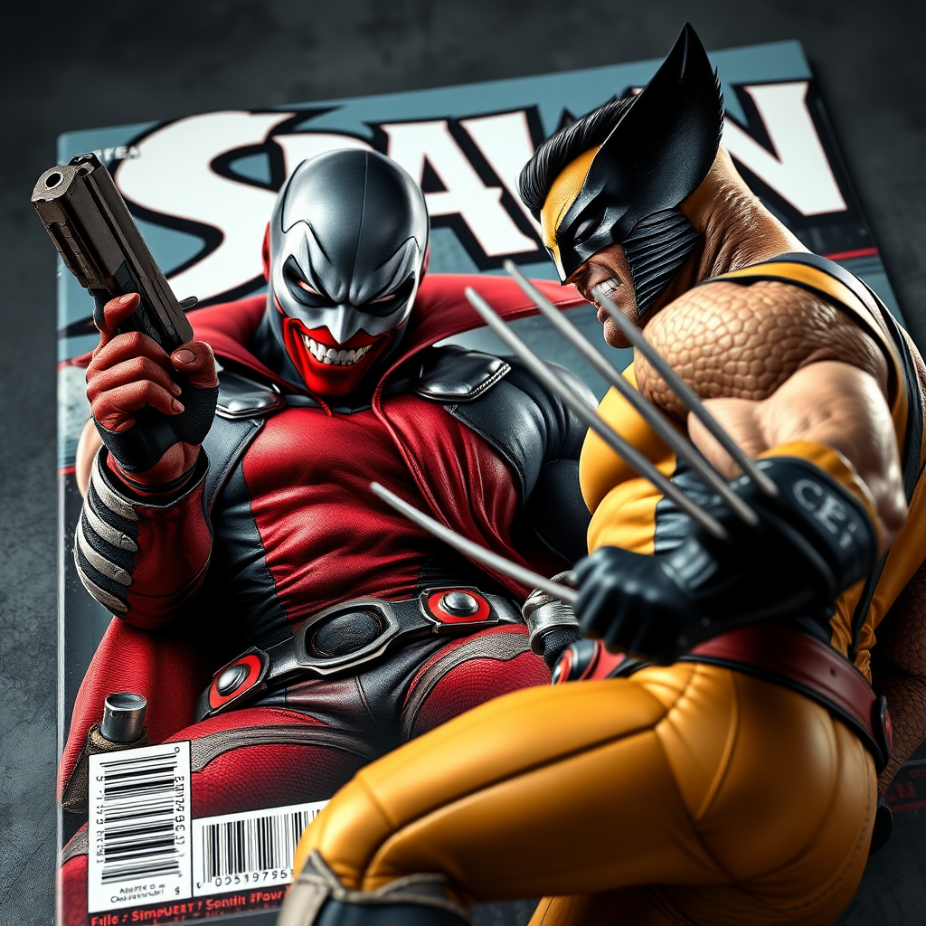 On a comic book cover is Spawn holding a gun Vs Wolverine in Cinematic Real3d photo-realistic quality.