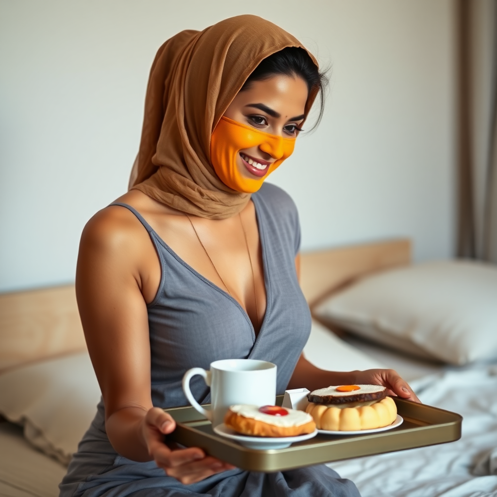 slim, 30 year old, sexy, indian wife, small face veil, turmeric face mask. She is smiling and serving breakfast on a tray on bedside table